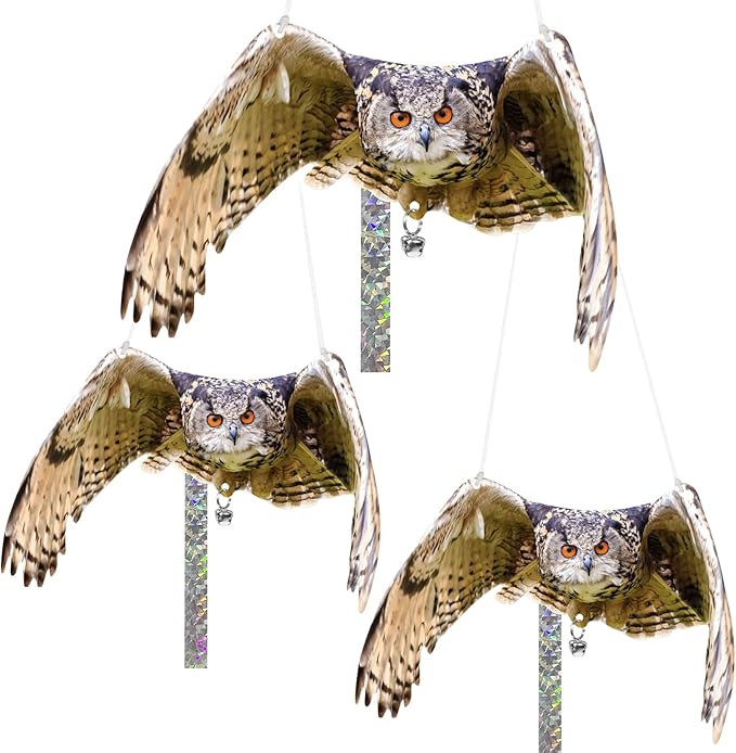 Owls to Keep Birds Away: 3Pcs Fake Owls with Reflective Tape for Garden Patio, Bird Scare Reflective Hanging Decoration to Keep Birds Pigeon from Windows Tree Garden