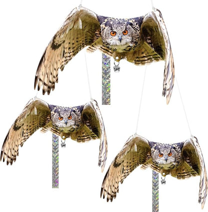 Owls to Keep Birds Away: 3Pcs Fake Owls with Reflective Tape for Garden Patio, Bird Scare Reflective Hanging Decoration to Keep Birds Pigeon from Windows Tree Garden