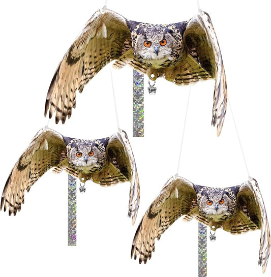 Owls to Keep Birds Away: 3Pcs Fake Owls with Reflective Tape for Garden Patio, Bird Scare Reflective Hanging Decoration to Keep Birds Pigeon from Windows Tree Garden