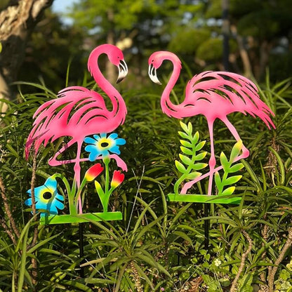 2 Pack Pink Flamingo Garden Statue - 20.5 inch Hand Flamingo Painted Metal Patio Art, Outdoor Decorative Stake Flamingo Statue for Lawn, Patio, Porch and Backyard, Gifts for Ladies (A Style 2 Pack)