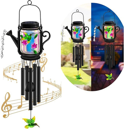 Solar Hummingbird Wind Chimes for Outside - Gifts for Mom Women Grandma,Solar Mason Jar Watering Can Hummingbird Light Unique Hanging Wind Chimes Outdoor,Yard Garden Terrace Courtyard