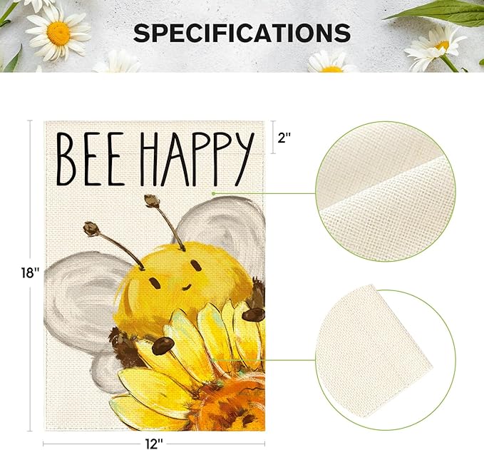 AVOIN colorlife Summer Bee Happy Garden Flag 12x18 Inch Double Sided Outside, Sunflower Party Holiday Burlap Yard Outdoor Decoration