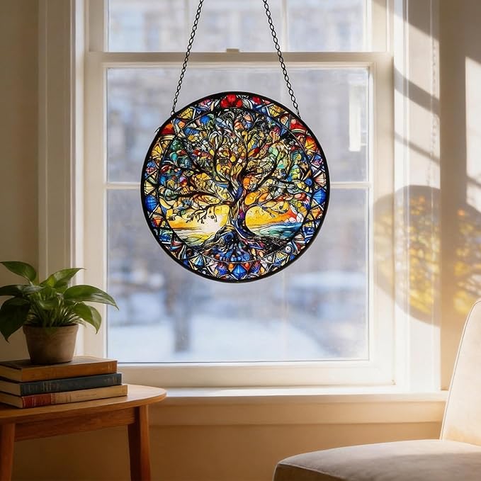 Stained Glass Sun Catcher,Tree of Life Glass Window Hanging Garden Decor,Sun Catchers Indoor Window,Whimsical Decoration for Home Backyard Patio Lawn Porch with 6.3 INCH