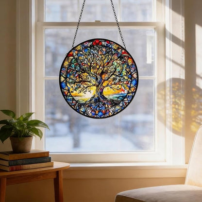 Stained Glass Sun Catcher,Tree of Life Glass Window Hanging Garden Decor,Sun Catchers Indoor Window,Whimsical Decoration for Home Backyard Patio Lawn Porch with 6.3 INCH