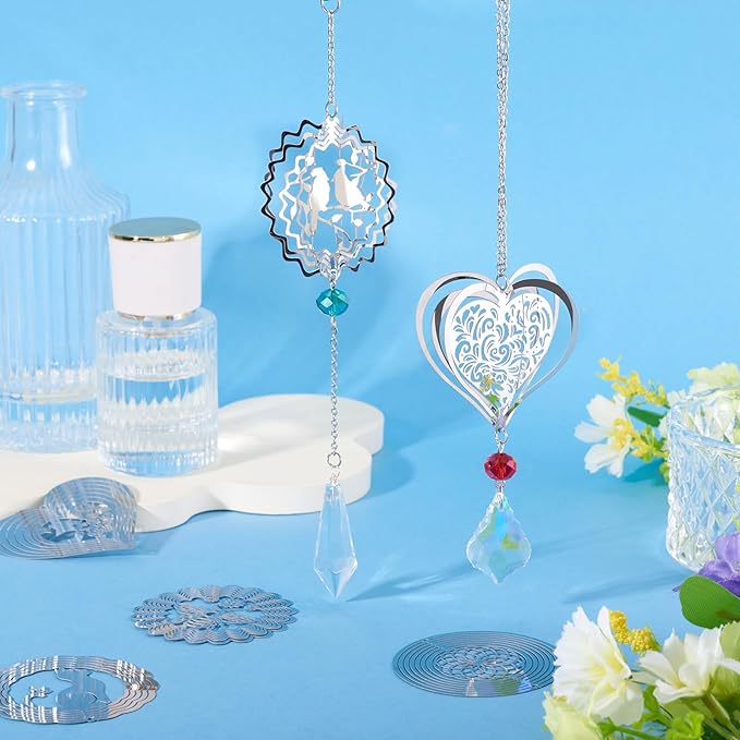 20Pcs Metal Replacement Wind Catcher, Beadthoven Wind Chime Parts Stainless Steel Bird Flower Cat Heart Round Shaped Flat Metal Embellishments for Wind Bells Memorial Sympathy Wind Chimes
