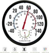 Circrane 13.25 Inch Round Thermometer with Hygrometer, Large Indoor Wall Patio Bimetal Weather Thermometer, No Battery Required, Black