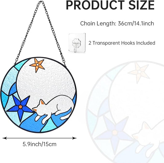 White Cat Stained Glass Window Hanging Ornament, Cat Suncatcher Indoor Wall Art, Boho Cottagecore Moon Kitten Wall Hanging Decorations, Gifts for Cat Lovers, 5.9''