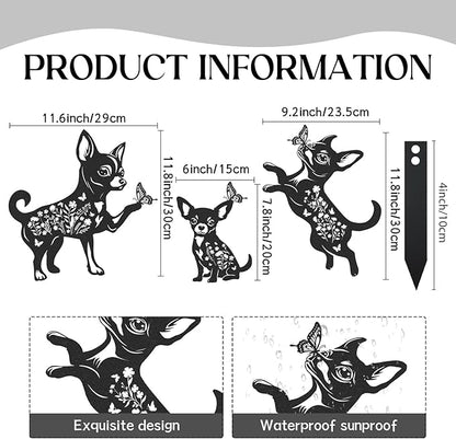 Garden Decor for Outside - 3 Pcs Chihuahua Statue Metal Yard Stakes Waterproof Black Animal Silhouette Ornaments Patio Lawn Pathway Backyard Decorations Cute Birthday Gifts for Dog Lover