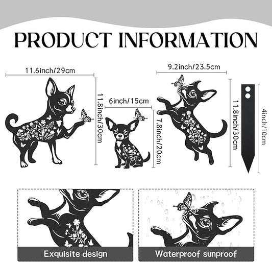 Garden Decor for Outside - 3 Pcs Chihuahua Statue Metal Yard Stakes Waterproof Black Animal Silhouette Ornaments Patio Lawn Pathway Backyard Decorations Cute Birthday Gifts for Dog Lover