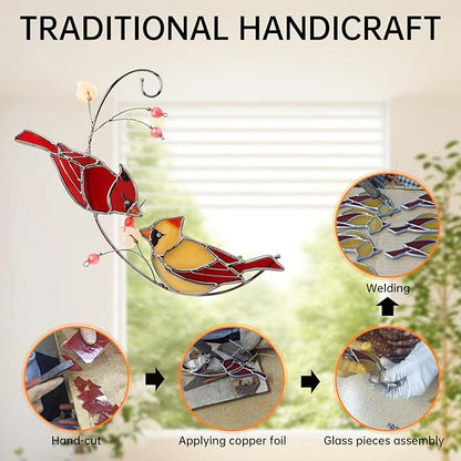 Handmade Cardinal Stained Glass Suncatchers Window Hanging Ornament for Christmas,Memorial Gifts for Women,Red Birds Sun Catcher Decora,Bird Lover Gifts,Real Glass Unique Design