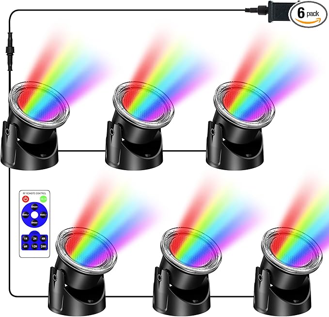 POPOSOAP 6-Head RGB Underwater Pond Lights, IP68 Waterproof LED Lights with Remote Control, Timer & Memory Function Fountain Lights for Pond Fountain Waterfall Aquarium Pool Outdoor Decoration