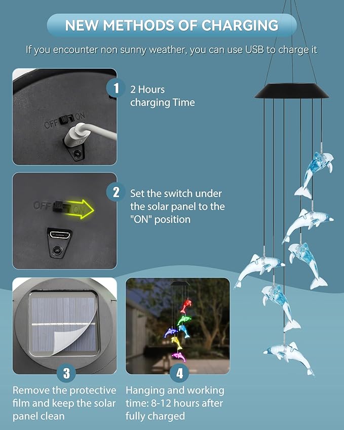 DOUBLEZHE Solar Wind Chimes for Outside, Color Changing Dolphin Wind Chime Outdoor Clearance, Birthday Gifts for Mom Women Grandma Wife Girls, Unique Garden Decor Colorful Patio Yard Party Decoration