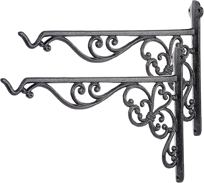 Sungmor Decorative Cast Iron Hanging Bracket - 15.6" Thickened Outdoor Metal Plant Hangers, Vintage Scroll Design for Signs, Planters, Lanterns, Bird Feeders - 2 Pack Heavy Duty Wall Hooks, Black