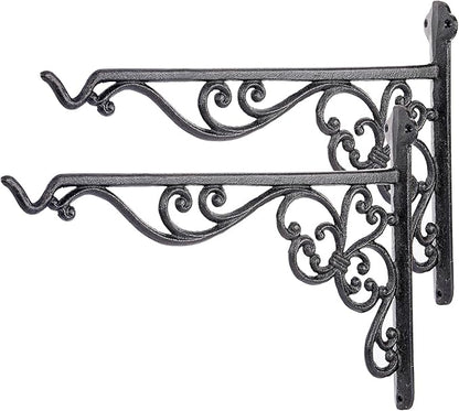 Sungmor Decorative Cast Iron Hanging Bracket - 15.6" Thickened Outdoor Metal Plant Hangers, Vintage Scroll Design for Signs, Planters, Lanterns, Bird Feeders - 2 Pack Heavy Duty Wall Hooks, Black