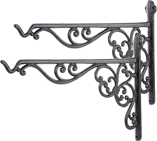 Sungmor Decorative Cast Iron Hanging Bracket - 15.6" Thickened Outdoor Metal Plant Hangers, Vintage Scroll Design for Signs, Planters, Lanterns, Bird Feeders - 2 Pack Heavy Duty Wall Hooks, Black