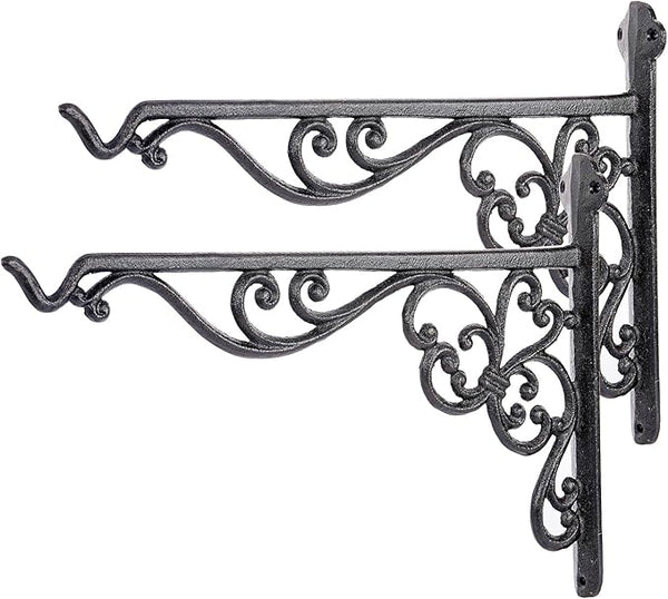 Sungmor Decorative Cast Iron Hanging Bracket - 15.6" Thickened Outdoor Metal Plant Hangers, Vintage Scroll Design for Signs, Planters, Lanterns, Bird Feeders - 2 Pack Heavy Duty Wall Hooks, Black