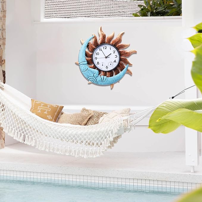 MUMTOP 14 Inch Sun and Moon Outdoor Clock, Outside Waterproof Wall Clock with Thermometer for Patio Pool Living Room Home Decor