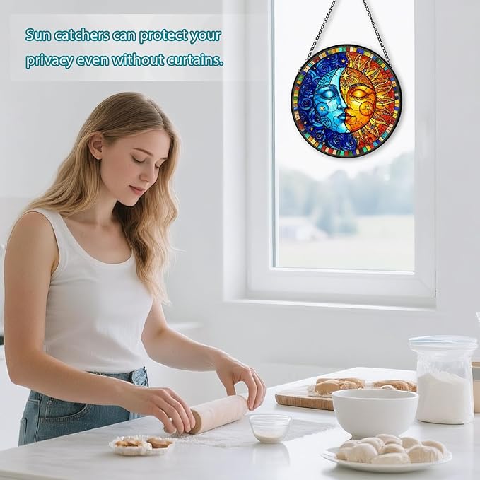 Sun and Moon Stained Glass Window Hanging, Suncatcher for Window Hanging, Moon Sun Catchers Indoor Windows Wall Art for Mom Grandma, Christmas Thanksgiving Gift, for Home Garden Office 7.87 inches