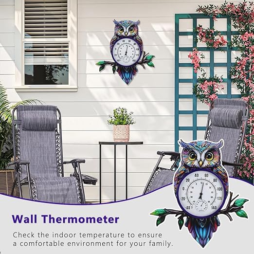 22" Outdoor Thermometer, Large Metal Indoor Wall Thermometer, Printed Owl Outside Thermometer with Large Number for Patio Home Room Decor