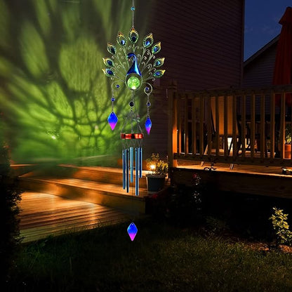Pearlstar Solar Wind Chimes Outdoor, 53.5" Large Peacock Wind Chimes Light with Crackle Glass Ball, Waterproof Colorful Metal Peacock Wind Chimes for Garden Patio Yard Home Decor Memorial Gift…