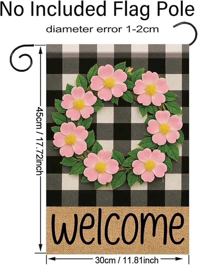 Buffalo Plaid Welcome Wreath Garden Flag Pink Wild Rose Flower Flag 12x 18 Inch Double Sided Spring Outdoor Fall Autumn Farmhouse Outdoor Small Decor for Porch Lawn Patio Yard