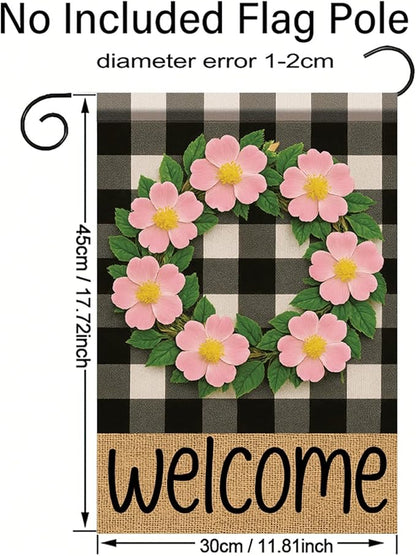 Buffalo Plaid Welcome Wreath Garden Flag Pink Wild Rose Flower Flag 12x 18 Inch Double Sided Spring Outdoor Fall Autumn Farmhouse Outdoor Small Decor for Porch Lawn Patio Yard