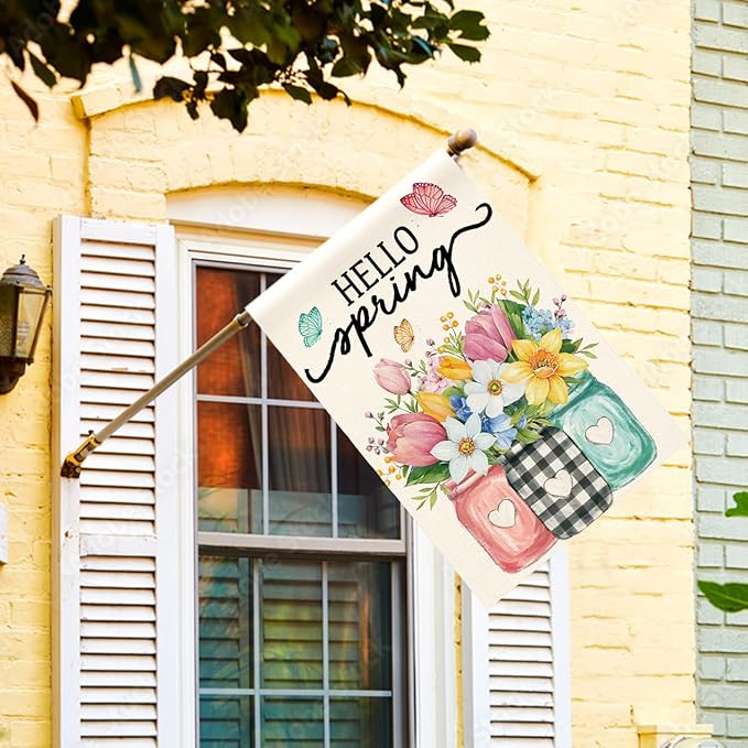AVOIN colorlife Hello Spring House Flag 28x40 Inch Double Sided Outside, Floral Mason Jar Holiday Yard Outdoor Flag