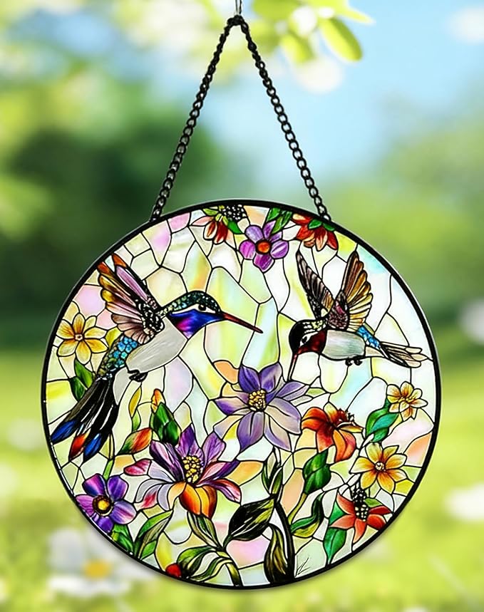 9.8In Hummingbird Stained Glass Window Hanging, Large Stained Glass Suncatcher for Indoor Home Decor, Vibrant Bird & Flower Window Suncatcher Ornament for Garden, Ideal Gift for Women Mom Bird Lovers