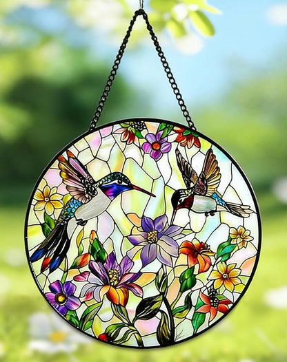 9.8In Hummingbird Stained Glass Window Hanging, Large Stained Glass Suncatcher for Indoor Home Decor, Vibrant Bird & Flower Window Suncatcher Ornament for Garden, Ideal Gift for Women Mom Bird Lovers