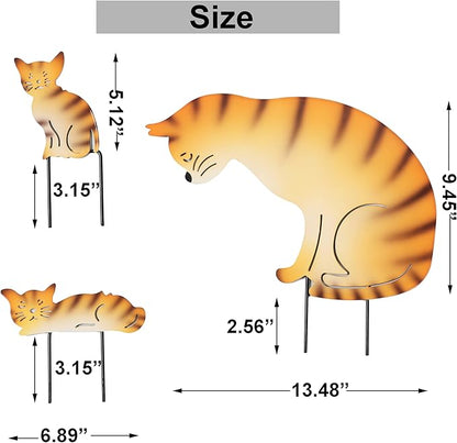 Metal Cat Family 3 Pack Garden Statues, Outdoor Decorative Silhouette Stakes for Yard and Patio Lawn Ornaments - Animal Sculpture Art (Orange)