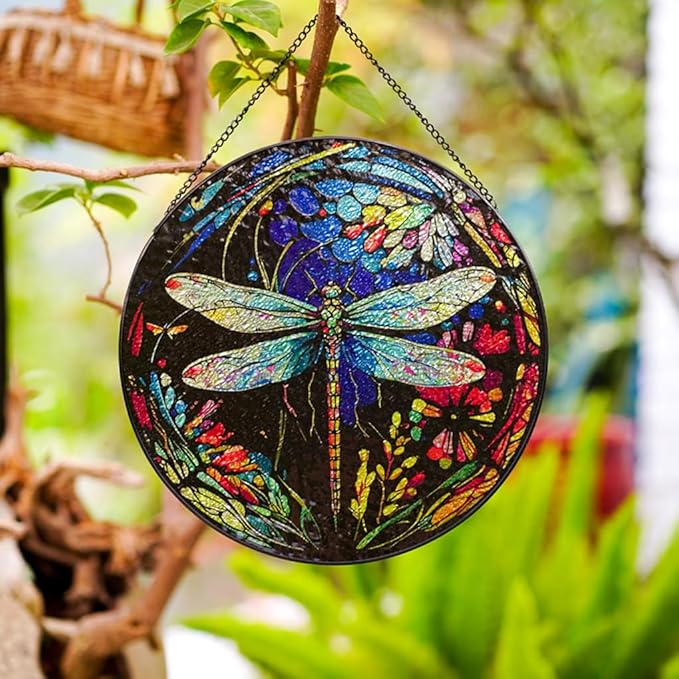 Stained Glass Window Hanging - Dragonfly Stained Glass Suncatcher, Sun Catchers for Indoor Window Decor, Gift for Women,Mom,Friends (12 Inch)