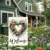 Welcome Spring Summer Garden Flag 12x18 Inch Colorful Floral Love Hearts Garden Flags Double Sided Small Burlap Birds Flowers Butterflies Outdoor Decor Patio Yard Outside Decorations