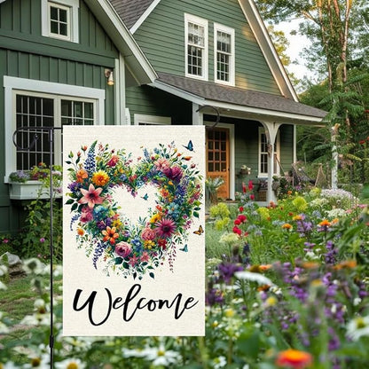 Welcome Spring Summer Garden Flag 12x18 Inch Colorful Floral Love Hearts Garden Flags Double Sided Small Burlap Birds Flowers Butterflies Outdoor Decor Patio Yard Outside Decorations