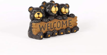 Bear Family Holding Welcome Sign Outdoor Garden Statue - 14.5" - Black
