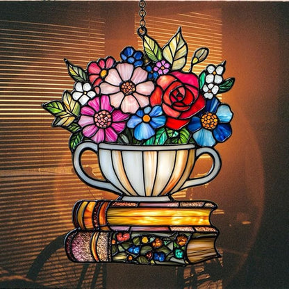 Floral Tea Cup and Books Acrylic Suncatcher Stained Glass Effect Window Car Hanging Christmas Ornament Indoor Outdoor Decor Garden Sun Catcher Panel for Book Lover for Women Mom Grandma