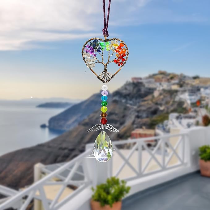 Healing Crystal Decor Tree of Life Car Hanging Accessories Suncatcher with Wings 7 Chakras Window Wall Hanging Decor Meditation Ornaments Home Decoration