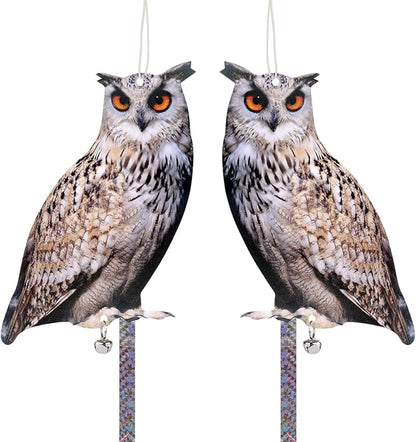Hanging Flat Fake Owl to Keep Pigeon Away from Balcony 2PCS Garden Owls with Reflective Tape Plastic Owl to Scare Woodpecker Squirrel for Tree Outdoor House Patio Porch Front Porch Decor