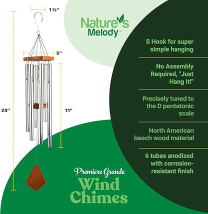 Nature’s Melody Premiere Grande Tunes Wind Chimes – Outdoor Windchime with 6 Tubes Tuned to E Pentatonic Scale, Rustproof Aluminum, Beech Wood & S Hook Hanger (Silver, 24 Inch)