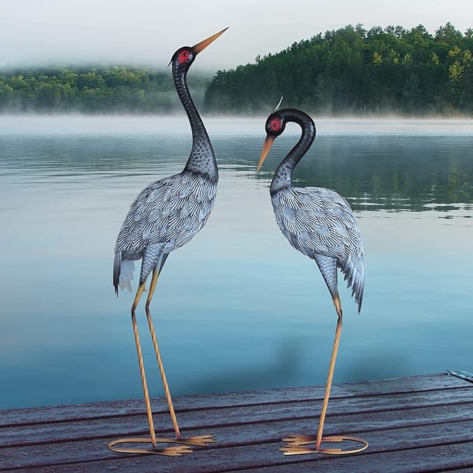 Metal Crane Statue Garden Decor, Heron Statue Yard Art for Outdoor Patio Lawn Backyard Pool Front Porch Decor, Bird Garden Sculpture & Statues, Set of 2, Spring & Summer Decorations