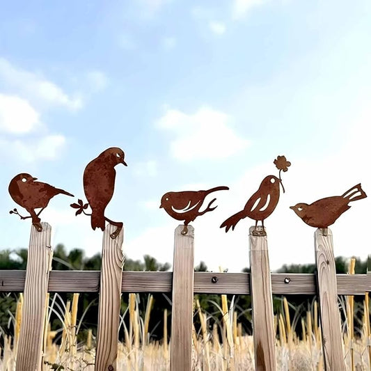 5PCS Rusty Metal Bird Garden Decor, Spring Yard Art Decorations for Outdoor Fence, Lawn & Patio – Unique Outdoor Ornaments
