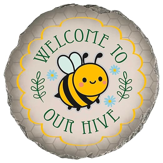 Magnolia Garden 10-Inch Welcome to Our Hive Decorative Stepping Stone – Cute Bumble Bee Resin Garden Walkway Tile – Whimsical Yellow & Green Outdoor Accent