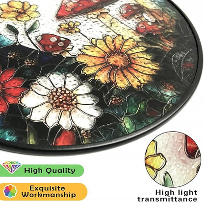 Crescent Moon Suncatcher with Colorful Mushrooms & Wildflowers - Stained Glass Window Hanging Decor for Indoor Windows, Unique Gift for Plant Lovers, Housewarming, Birthday, or New Home Celebration