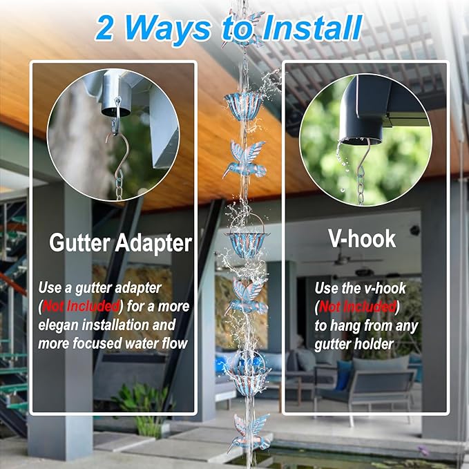 7.9ft Rain Chains for Gutters Outside, Rain Catcher Chain with 7 Metal Cups & Hummingbird Decor, Adjustable Rain Catcher Chain Replacement Downspout for Gutters, Garden Drainage & Eaves