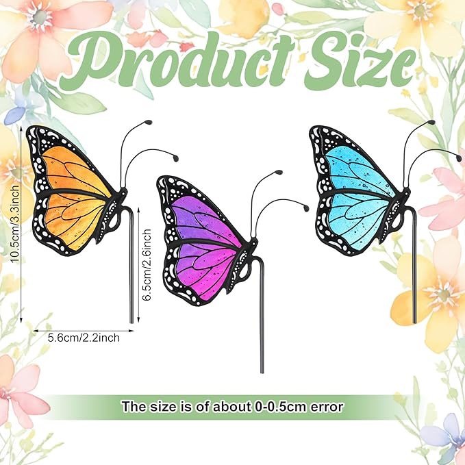 Geelin 3 Pcs Stained Glass Butterfly Suncatcher Flower Pot Decoration Metal Plant Pot Hangers Colorful Butterfly Garden Yard Suncatcher Decor Indoor Outdoor Home Decor
