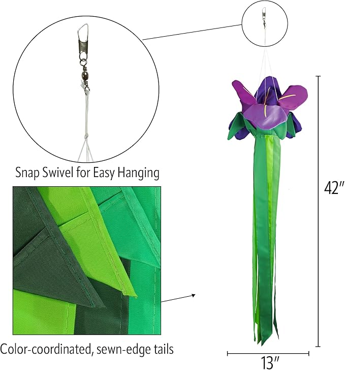 In the Breeze 5227 — Iris Windtail — Colorful 3D Purple Flower Windsock with Flowing Tails