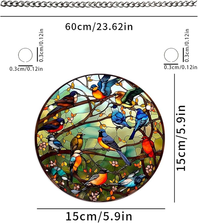 Stained Glass Window Hanging Suncatcher – Paint Cardinal & Hummingbird Panel, Round Glass Ornament, Birds on a Branch Nature Decor, Colorful Gift for Bird Lovers, Family, and Friends 5.9x5.9 in