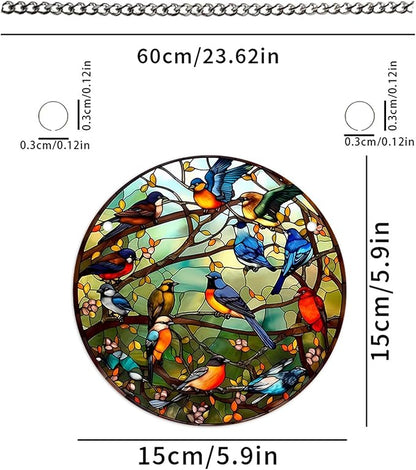 Stained Glass Window Hanging Suncatcher – Paint Cardinal & Hummingbird Panel, Round Glass Ornament, Birds on a Branch Nature Decor, Colorful Gift for Bird Lovers, Family, and Friends 5.9x5.9 in