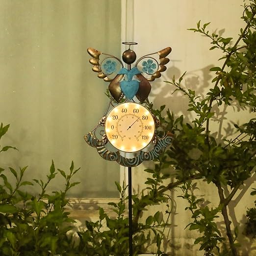 MUMTOP Outdoor Thermometers for Patio-Indoor Outdoor Wall Thermometer - Solar Led Light Angel Outside Decorative Temperature for Home or Garden Decor