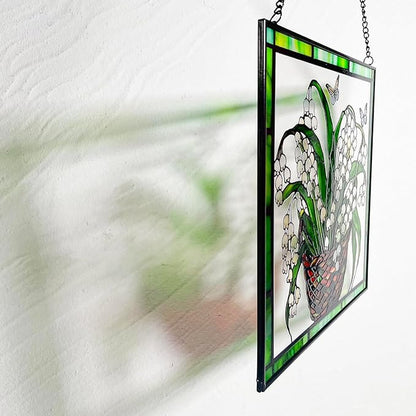 8'' Lily of The Valley and Butterflies Stained Glass Panel Suncatcher Window Hanging – Square Decorative Art for Home, Office, and Garden – Handcrafted Real Glass with Metal Frame