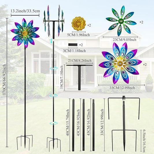 360° Metal Wind Spinner Outdoor,13" Kinetic Wind Sculptures for Yard and Garden with Metal Stak,Large Waterproof Pinwheels Gift for Women, Mom, Grandama